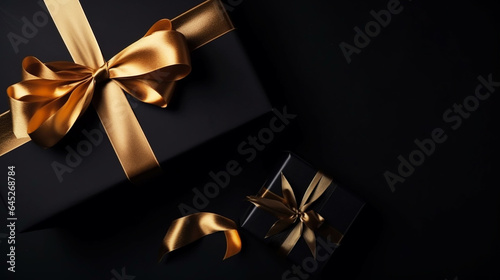 Gift box with decorations gold confetti on black. Generative ai.
