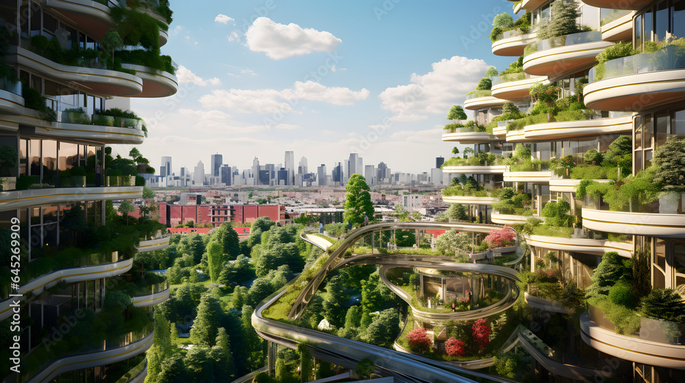 Futuristic City with Green Balcony Gardens