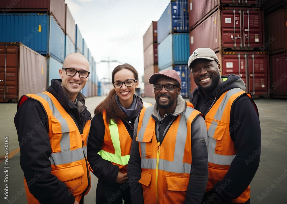 An international team of workers at the port or an enterprise for unloading and loading containers. An international team of workers at the port or an enterprise for unloading and loading containers.
