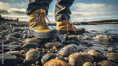 Fisherman's feet are firmly planted in fishing boots designed for the task, luck, perch, ocean, lure, ruff, herring, rest, whale, sport, net, nature. Generated by AI.