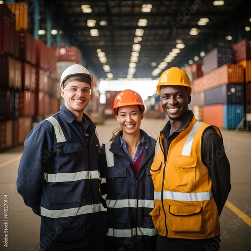 An international team of workers at the port or an enterprise for unloading and loading containers.