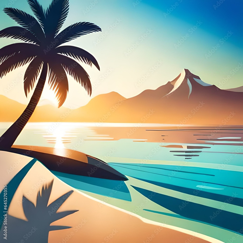 Beach in the sunset illustration with flat art design