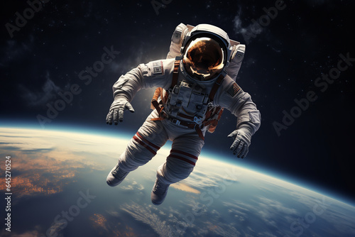 Suspended in the void of space, an astronaut experiences zero gravity, the breathtaking horizon of Earth stretching out in the distance