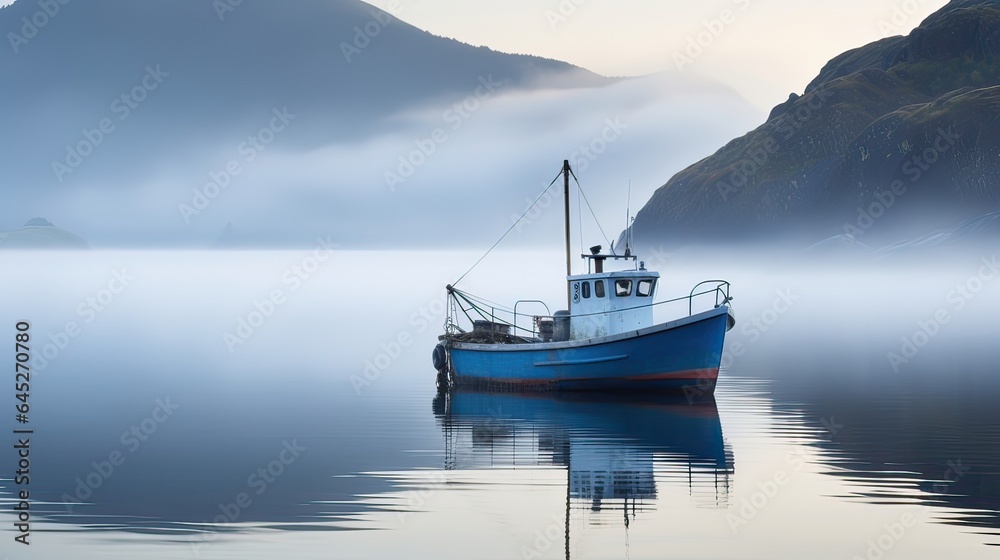 Fishing boat is securely anchored in a remote and pristine fishing spot, oar, river, sea, fisherman, water, ship, fishing, boat, lake, motor, boat. Generated by AI.