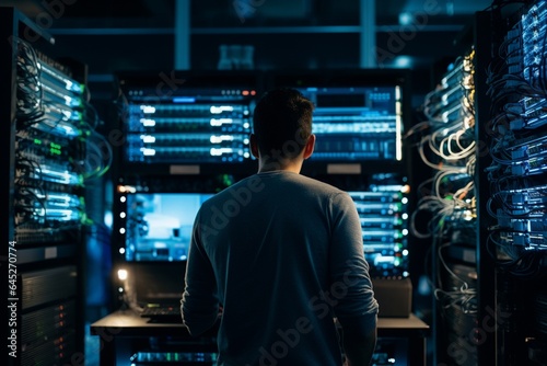 Rear view of young man standing in server room and looking at data