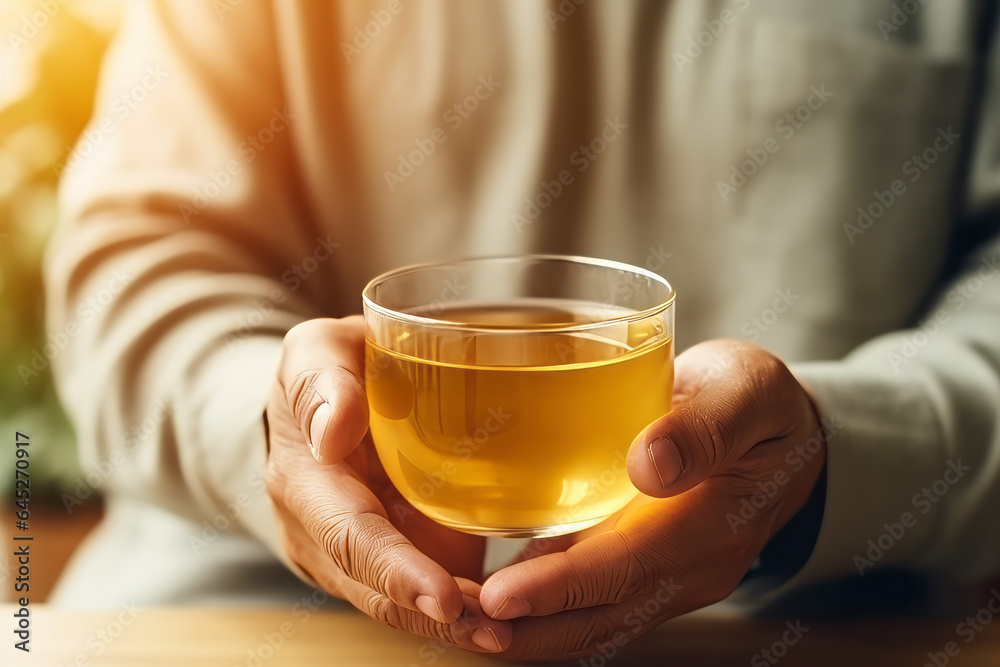 Asian person drinking tea for health with a glass transparent cup full of tea in people hands Asian person drinking tea for health with a glass transparent cup full of tea in people hands