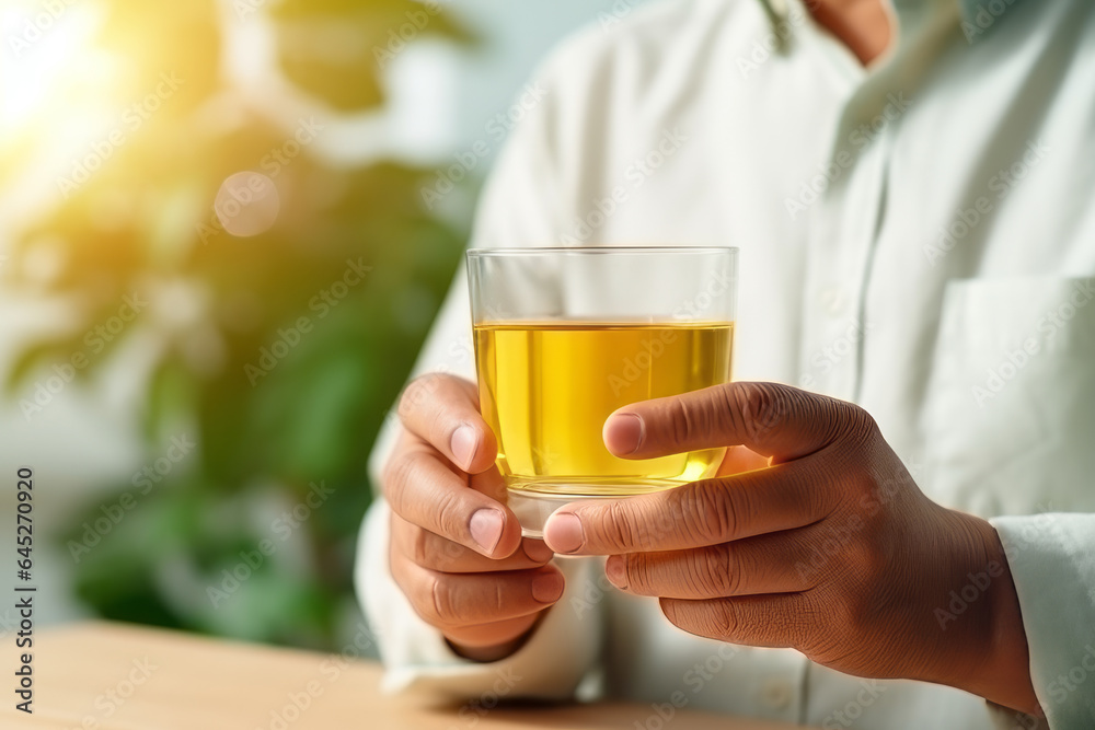 Asian person drinking tea for health with a glass transparent cup full of tea in people hands Asian person drinking tea for health with a glass transparent cup full of tea in people hands