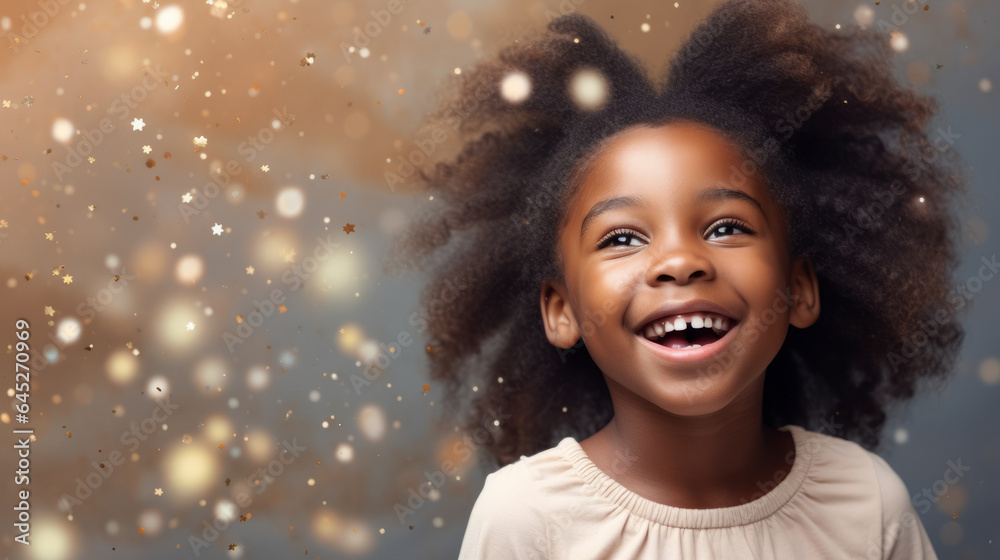 Banner with happy black African girl looking up at the stars with galaxy sky background and copy space Banner with happy black African girl looking up at the stars with galaxy sky background and copy space