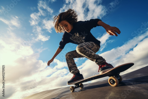 Youthful energetic teenager skateboarding , teen boy on skateboard doing tricks