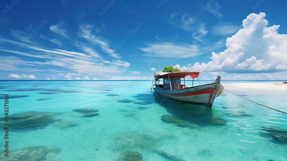 Fishing boat basks in the tropical sunlight, embodying the allure of paradise as it melds with the tranquil waters of a tropical haven. Generated by AI. Fishing boat basks in the tropical sunlight, embodying the allure of paradise as it melds with the tranquil waters of a tropical haven. Generated by AI.