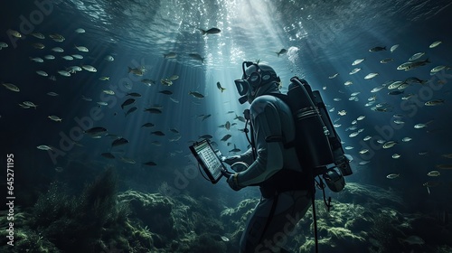Fisherman relies on a fishfinder to locate schools of fish, luck, perch, ocean, lure, ruff, herring, rest, whale, sport, net, nature Generated by AI. photo