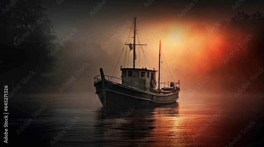 Fishing boat moves with quiet determination, embodying the enigma of the mist-shrouded realm, captain, mooring, boatswain, stranded, hole, watercraft, ferry, stern, dock. Generated by AI.