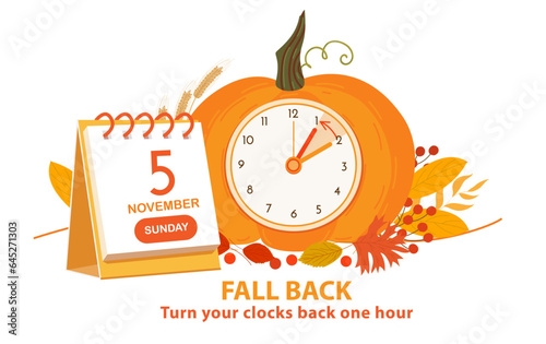 Daylight saving time ends 2023, Fall Back banner. Alarm clock and calendar date of sunday, November 5. Fall Backward vector illustration with clocks and pumpkin. Reminder text set clock back one hour
