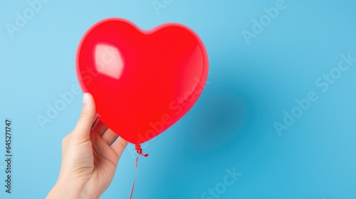 Female hand holding red heart shaped balloon on light blue background with copy space. Valentine's Day or Happy Birthday celebration concept.