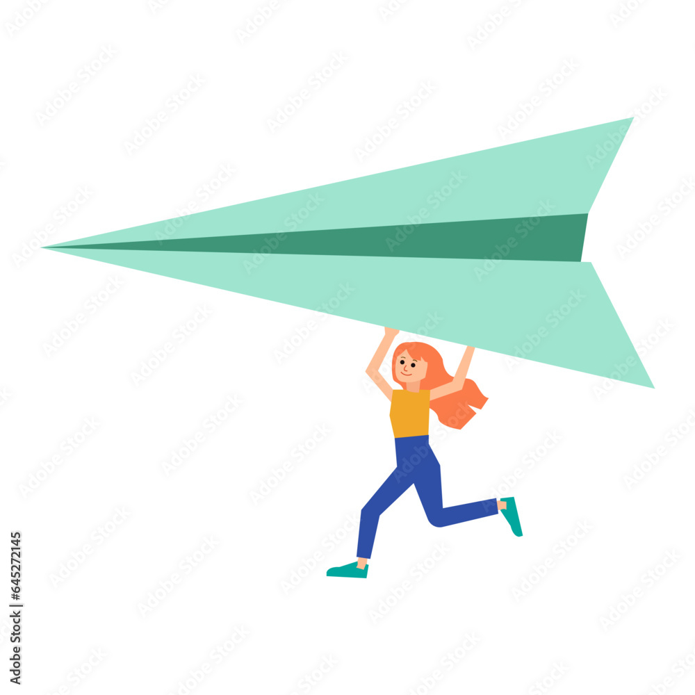 Woman carrying paper plane flat illustration Woman carrying paper plane flat illustration