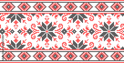 Vector illustration of Ukrainian ornament in ethnic style, identity, vyshyvanka, embroidery for print clothes, websites, banners. Background. Geometric design, border, copy space, frame