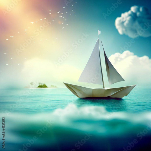 Sailing boat on the sea, paper ship sailing on the sea, blue sea, sailing after a dream, dreamers, childhood