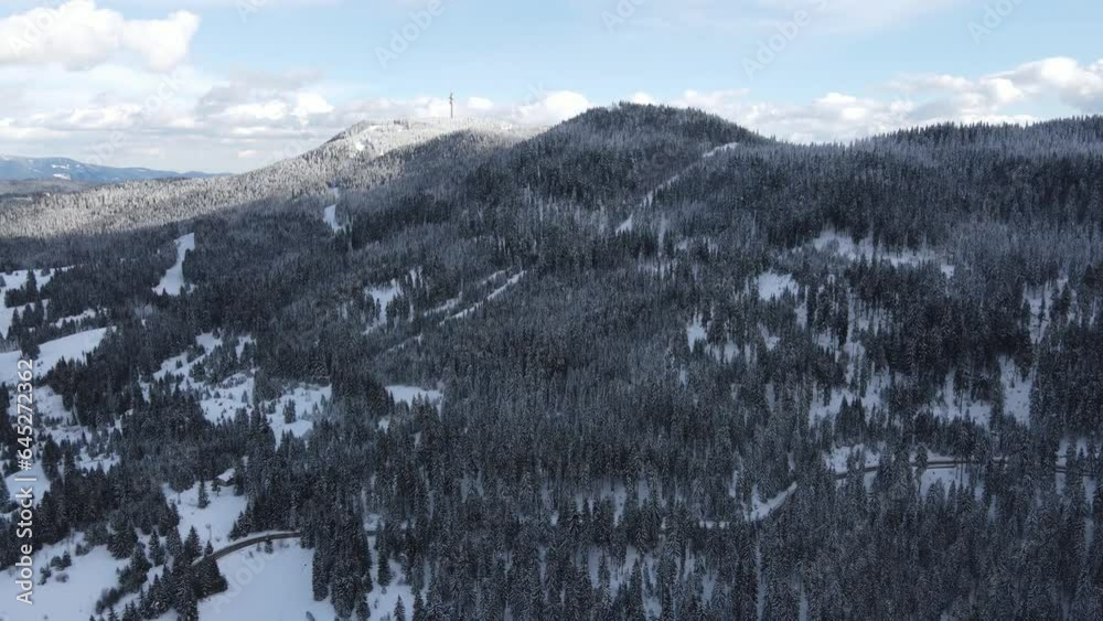 Aerial winter view of Rhodope Mountains around village of Stoykite and Pamporovo, Smolyan Region, Bulgaria Aerial winter view of Rhodope Mountains around village of Stoykite and Pamporovo, Smolyan Region, Bulgaria