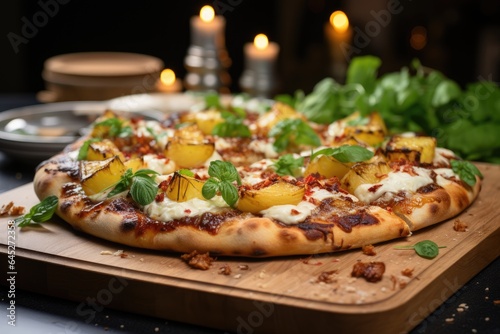 Pizza with pineapple, cheese and basil. Generative AI