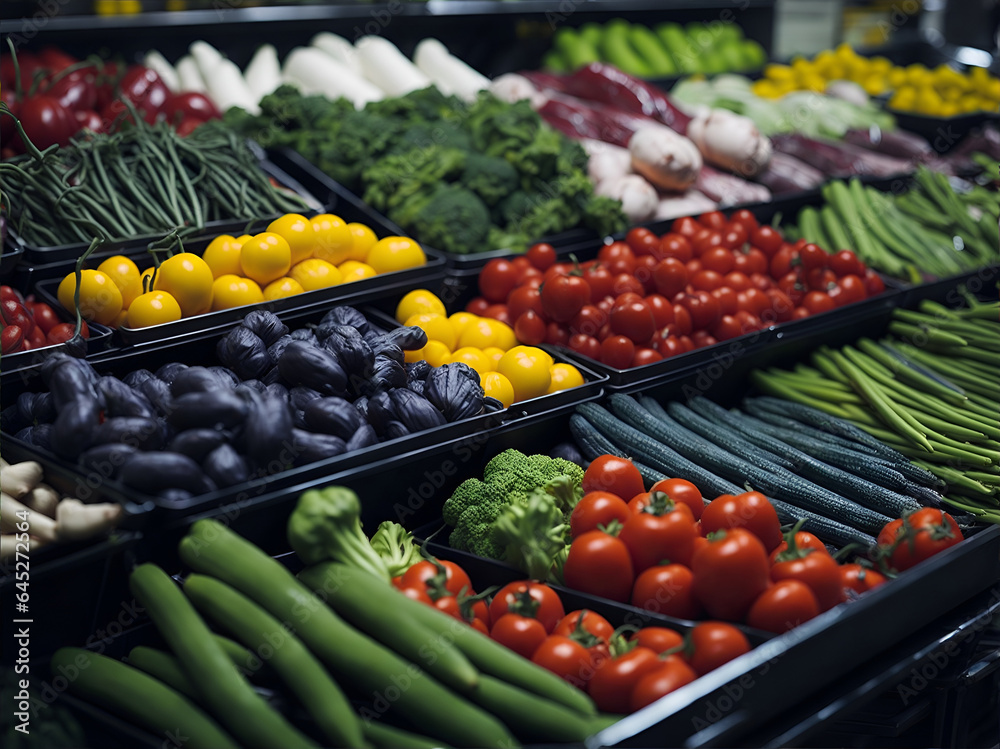Fresh vegetables on the counter in the supermarket. AI Generated Fresh vegetables on the counter in the supermarket. AI Generated