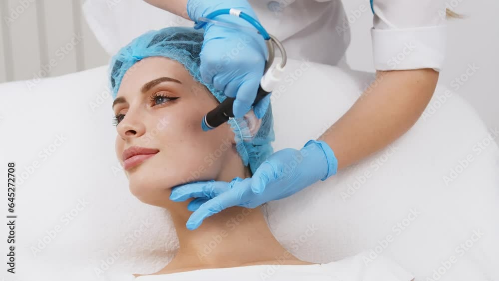 Perfect cleansing. Face of a beautiful pleasant woman being cleansed during hydrafacial procedure Perfect cleansing. Face of a beautiful pleasant woman being cleansed during hydrafacial procedure