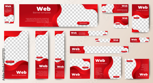 Professional business web ad banner template with photo place. Modern layout white background and Vivid red shape and text design	
