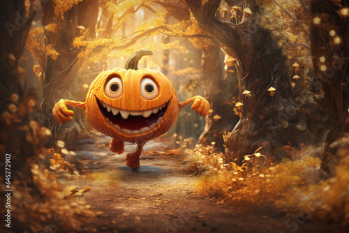 Funny smiling pumpkin running. Ai generated image.