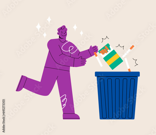 Male throwing pack of cigarettes in trash. Stop smoking and healthy lifestyle concept. Colorful vector illustration
