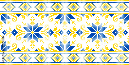 Vector illustration of Ukrainian ornament in ethnic style, identity, vyshyvanka, embroidery for print clothes, websites, banners. Background. Geometric design, border, copy space, frame