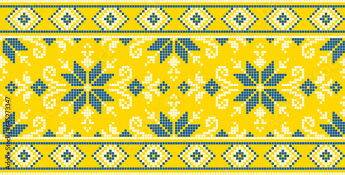 Vector illustration of Ukrainian ornament in ethnic style, identity, vyshyvanka, embroidery for print clothes, websites, banners. Background. Geometric design, border, copy space, frame