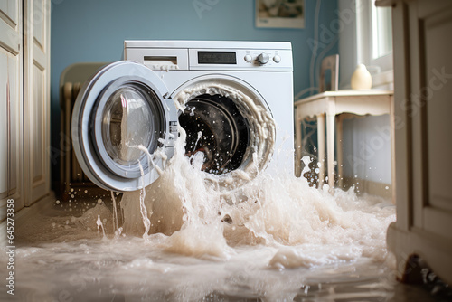 The washing machine broke down, water leaked on the floor. Generative AI.