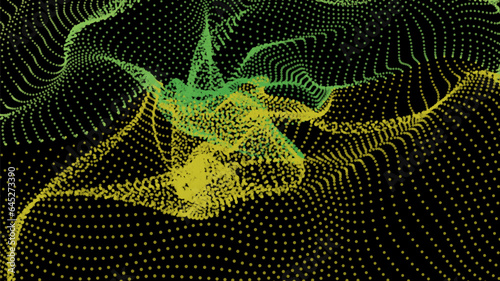 Energy net flows. Dot particle lines penetrating fog. Neon lights plexus of knots. Curved node row space infinity. Linking funnel universe parameters. Background information technology presentation.