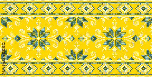 Vector illustration of Ukrainian ornament in ethnic style, identity, vyshyvanka, embroidery for print clothes, websites, banners. Background. Geometric design, border, copy space, frame