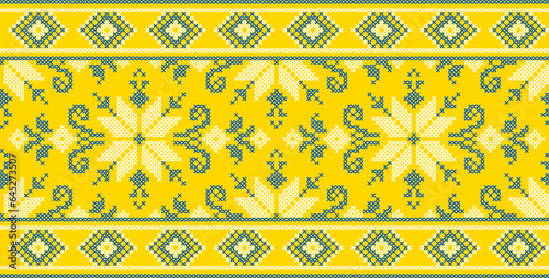 Vector illustration of Ukrainian ornament in ethnic style, identity, vyshyvanka, embroidery for print clothes, websites, banners. Background. Geometric design, border, copy space, frame