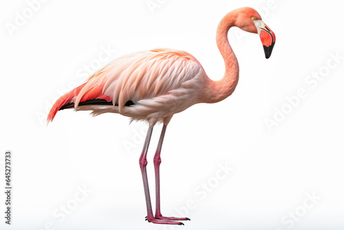 a flamingo standing on a white surface with its head turned