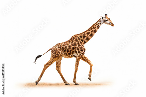 a giraffe walking across a sandy field