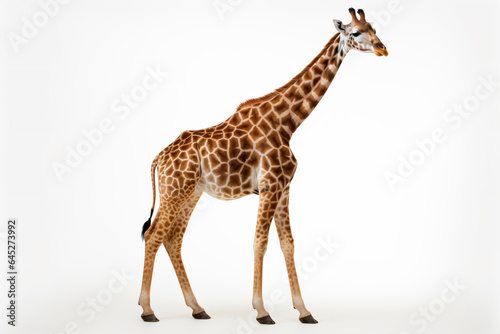 a giraffe standing in a white room