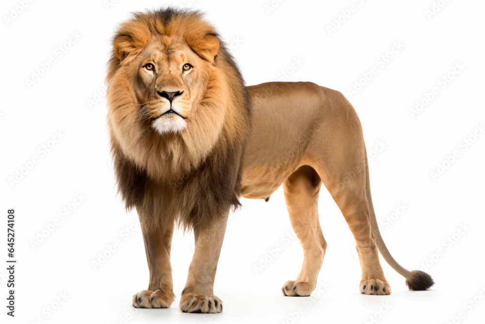a lion standing on a white surface