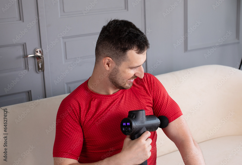 Massage gun muscle pain recovery using machine. Massage gun muscle pain recovery using machine.