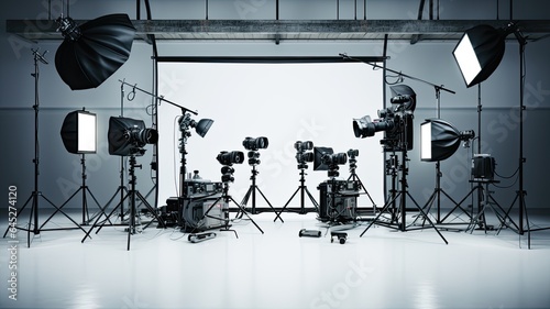 Photography studio background with professional equipment