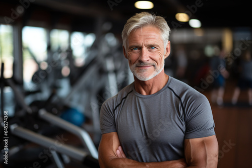 Ageless muscular fit old man with grey hair energetic in the gym during workout in front of treadmills, smiling healthy and happy