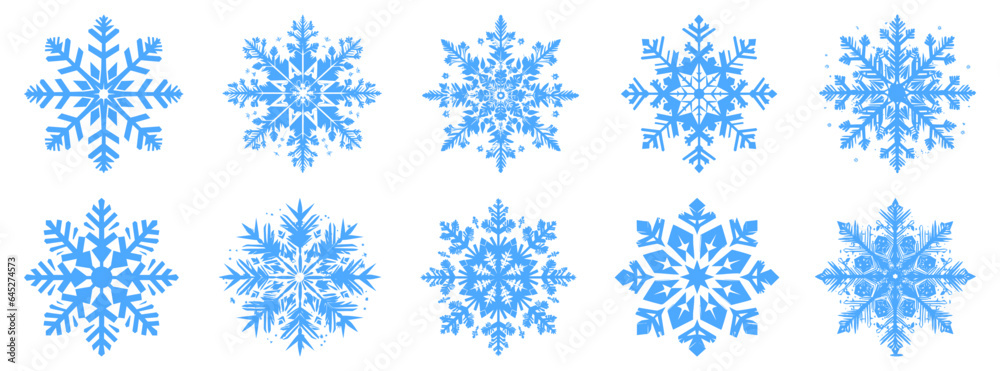 Snowflake icons set. Collection of blue snowflakes on white background.