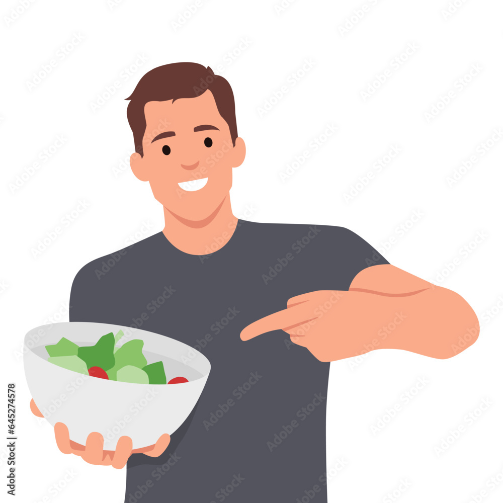 Vegetarian character. A man is holding a salad bowl and thumbs up. Flat vector illustration isolated on white background Vegetarian character. A man is holding a salad bowl and thumbs up. Flat vector illustration isolated on white background