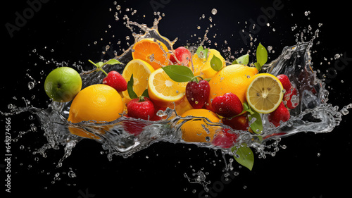 Dynamic  Fruit  Splash  Black Background in Fluid Photography