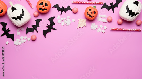 halloween banner copy space with halloween pumpkin, bat, chocolate, spooky item frame isolated on soft pink background