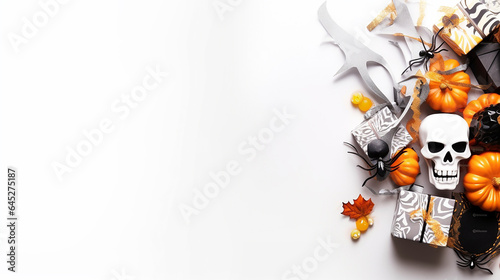 Hallow greetings card copy space with halloween element of spider, gift box, skull isolated on white background