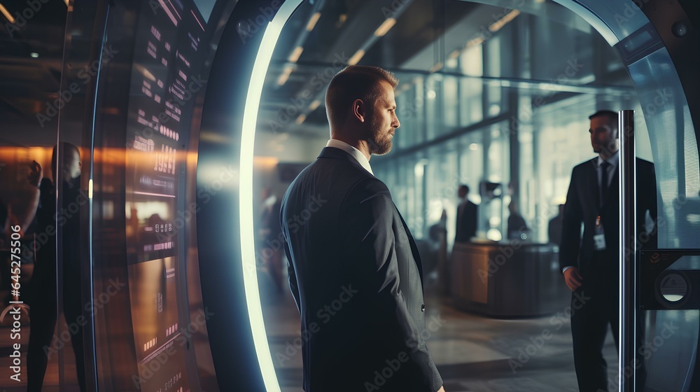 A man walks into a futuristic metal detector frame, in a business center or a modern secured building, concept, inspection, control and security. A man walks into a futuristic metal detector frame, in a business center or a modern secured building, concept, inspection, control and security.
