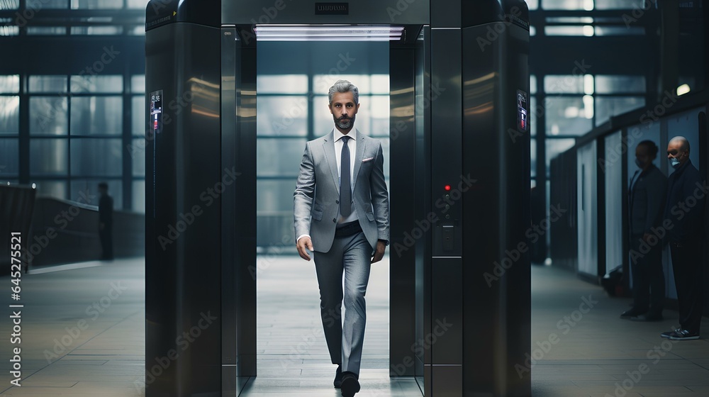 A man passes through the frame of a metal detector, in a business center or a modern building. A man passes through the frame of a metal detector, in a business center or a modern building.