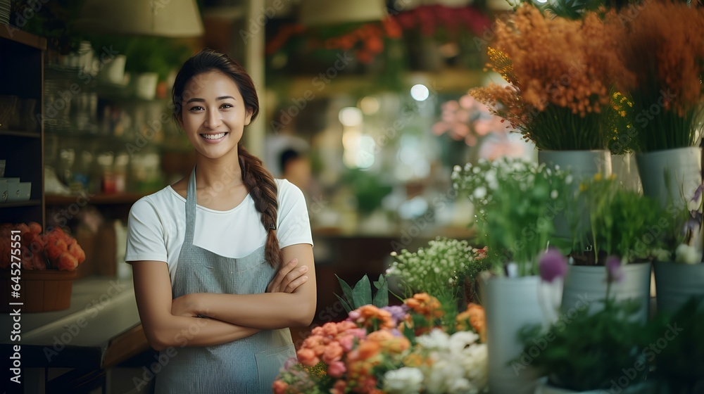 A smiling female florist among flowers and plants in her flower shop.