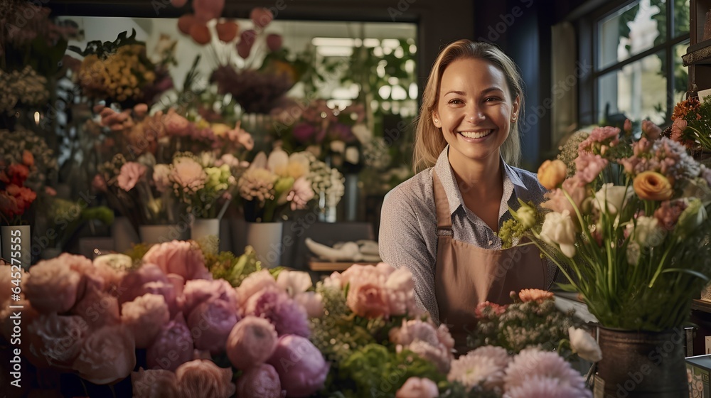 A smiling female florist among flowers and plants in her flower shop.